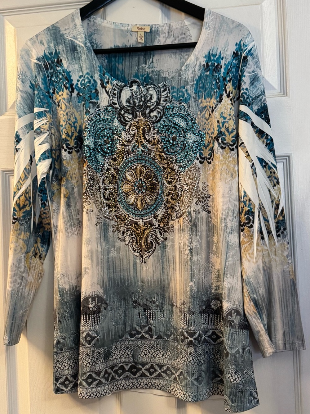 Reba Teal, Gold & White Long-Sleeve Printed Tunic